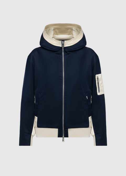 HOODED BOMBER JACKET IN MATERIAL MIX
