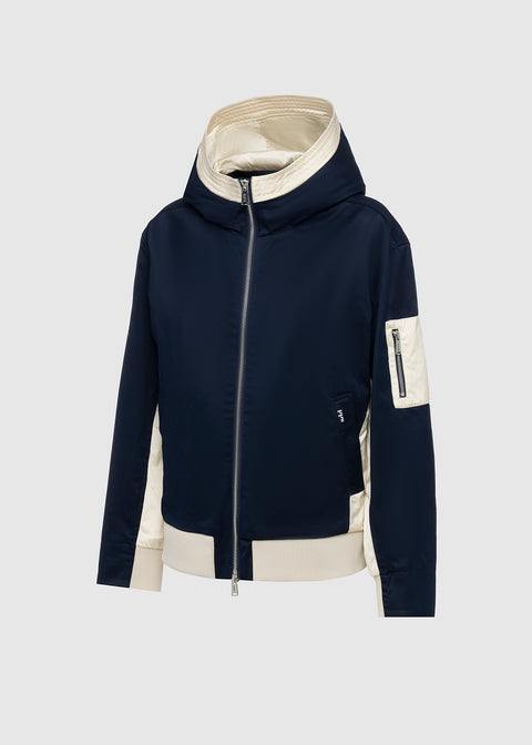 HOODED BOMBER JACKET IN MATERIAL MIX