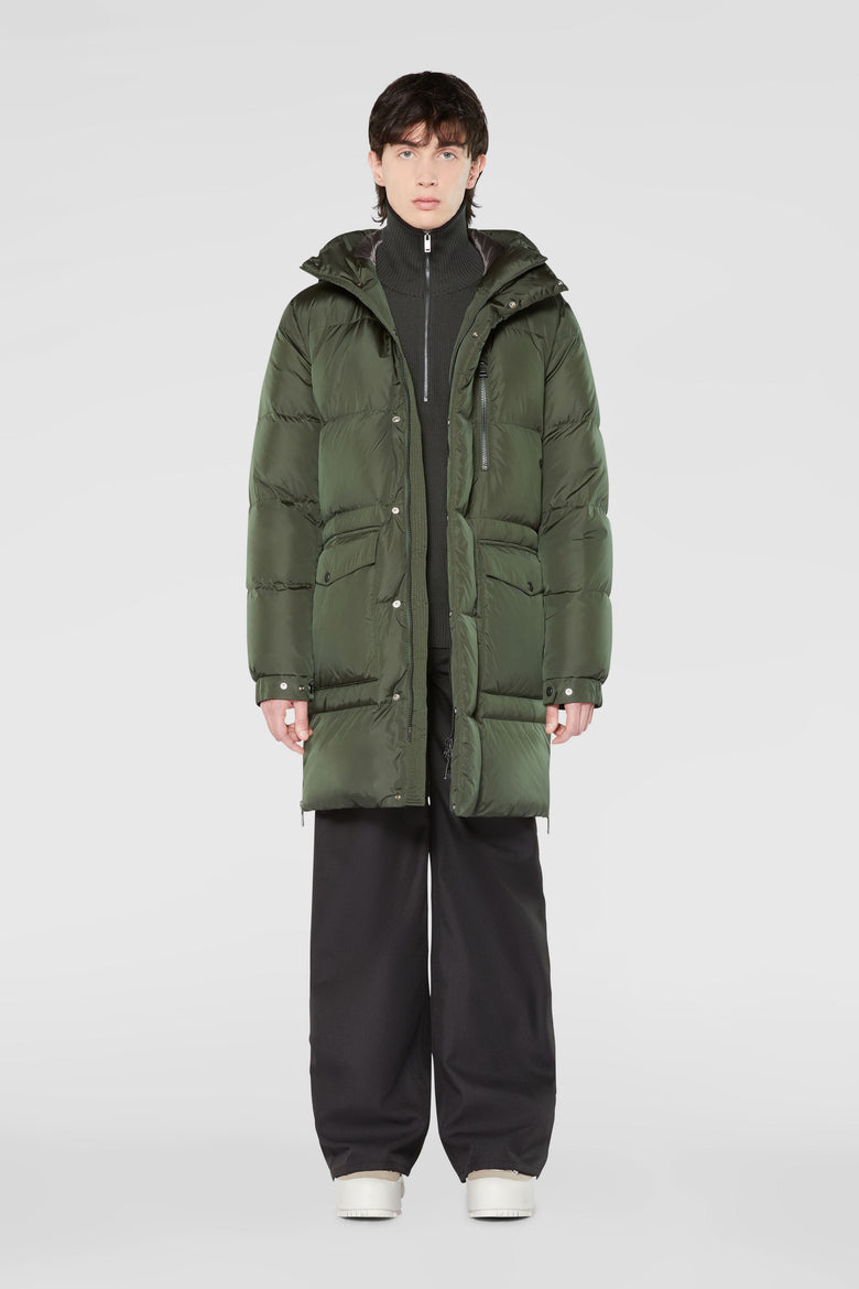 Down parka with branded hood