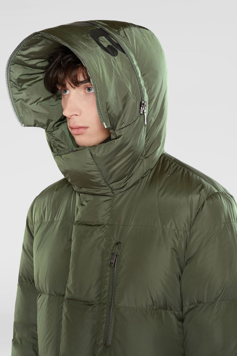 Down parka with branded hood