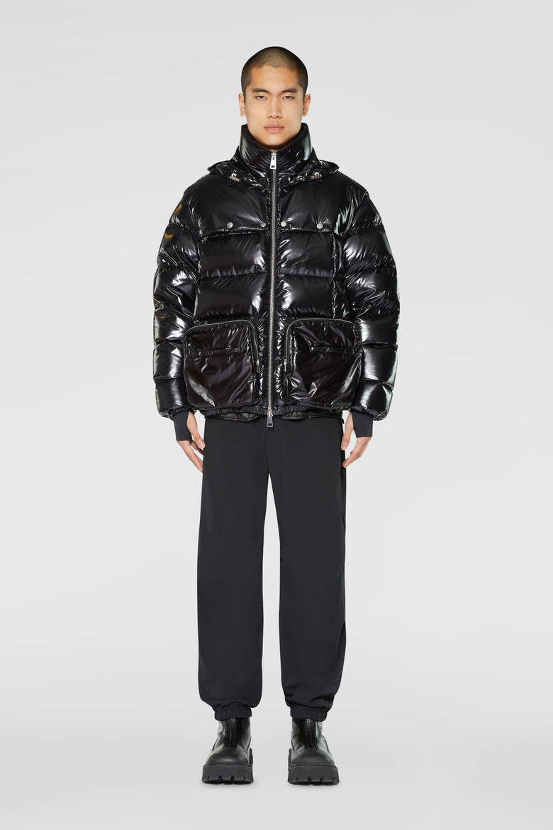 Down jacket with detachable hood and pockets