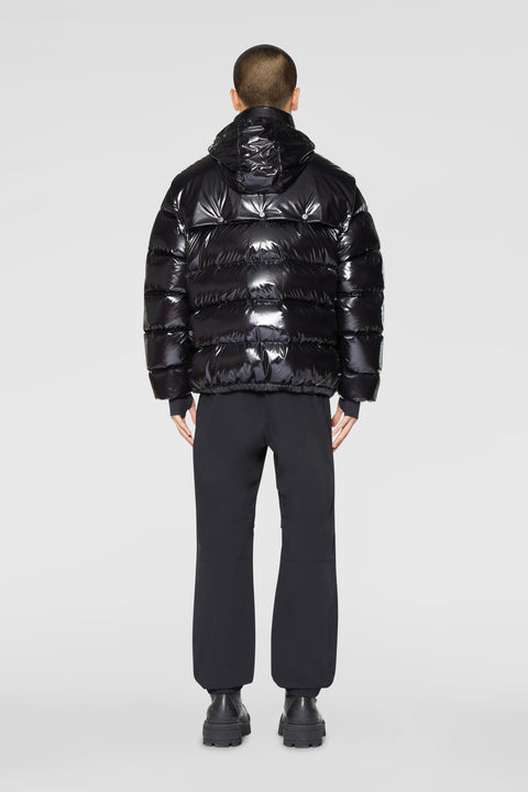 Down jacket with detachable hood and pockets