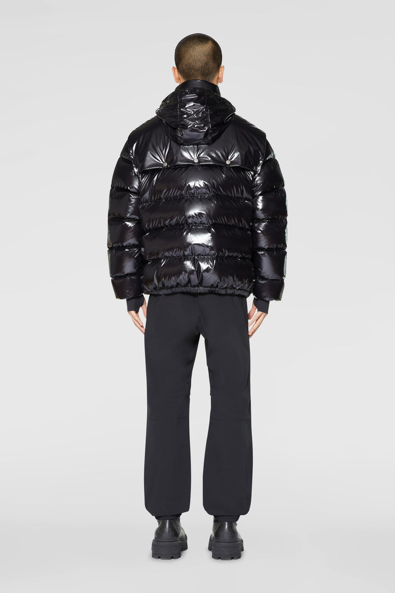 Down jacket with detachable hood and pockets