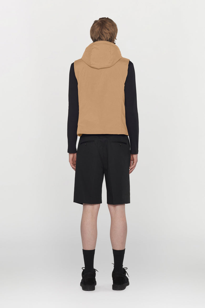 Water-repellent padded technical fabric waistcoat with removable hood