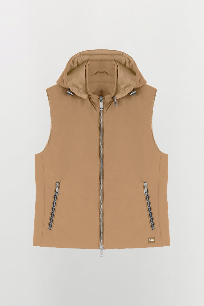 Water-repellent padded technical fabric waistcoat with removable hood