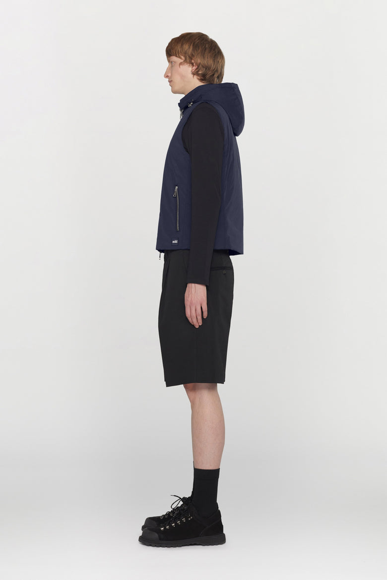 Water-repellent padded technical fabric waistcoat with removable hood