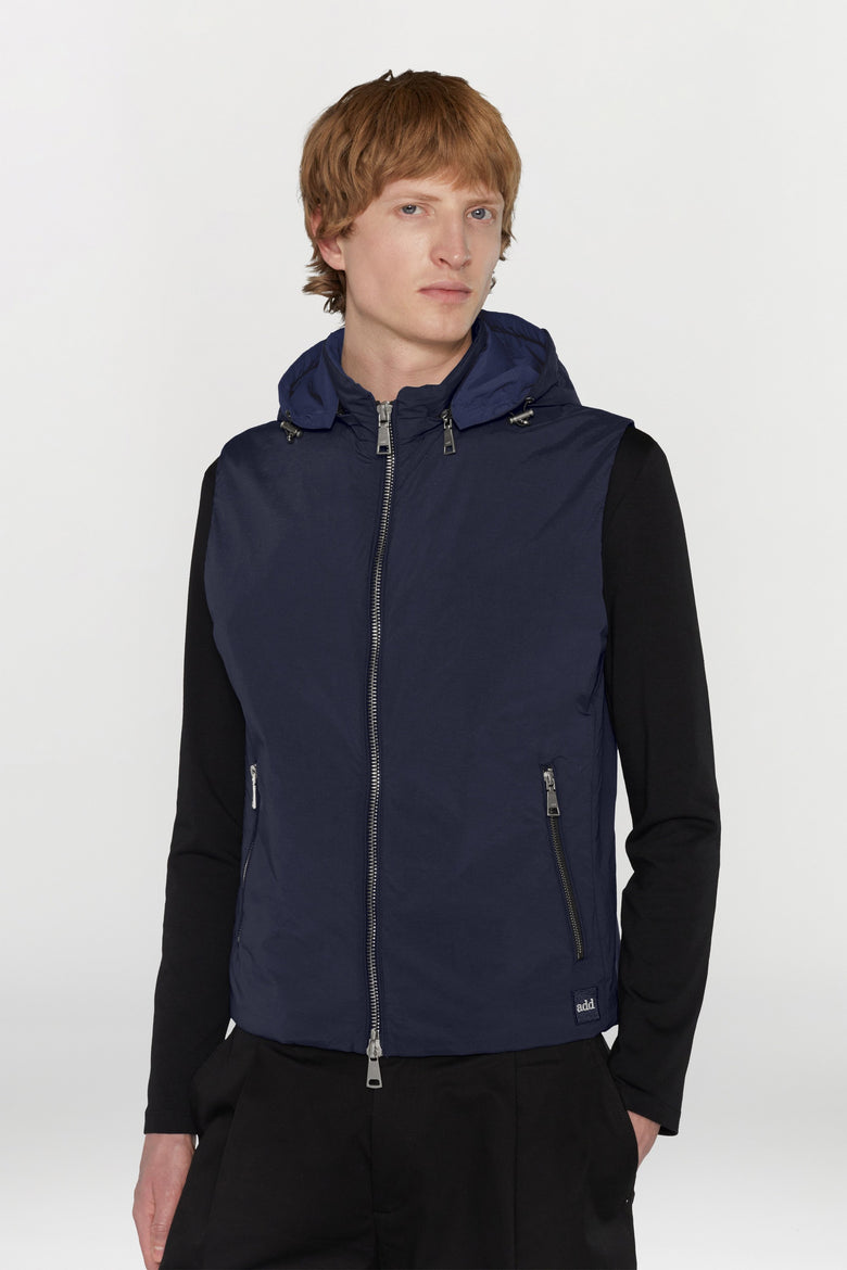 Water-repellent padded technical fabric waistcoat with removable hood