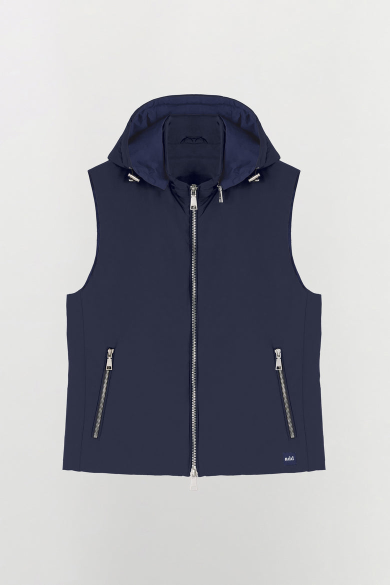 Water-repellent padded technical fabric waistcoat with removable hood